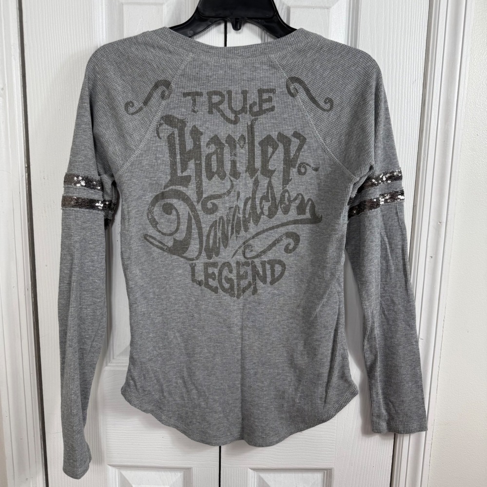 Harley Davidson Sequin Thermal Henley Small Gray Biker Y2K Streetwear Graphic